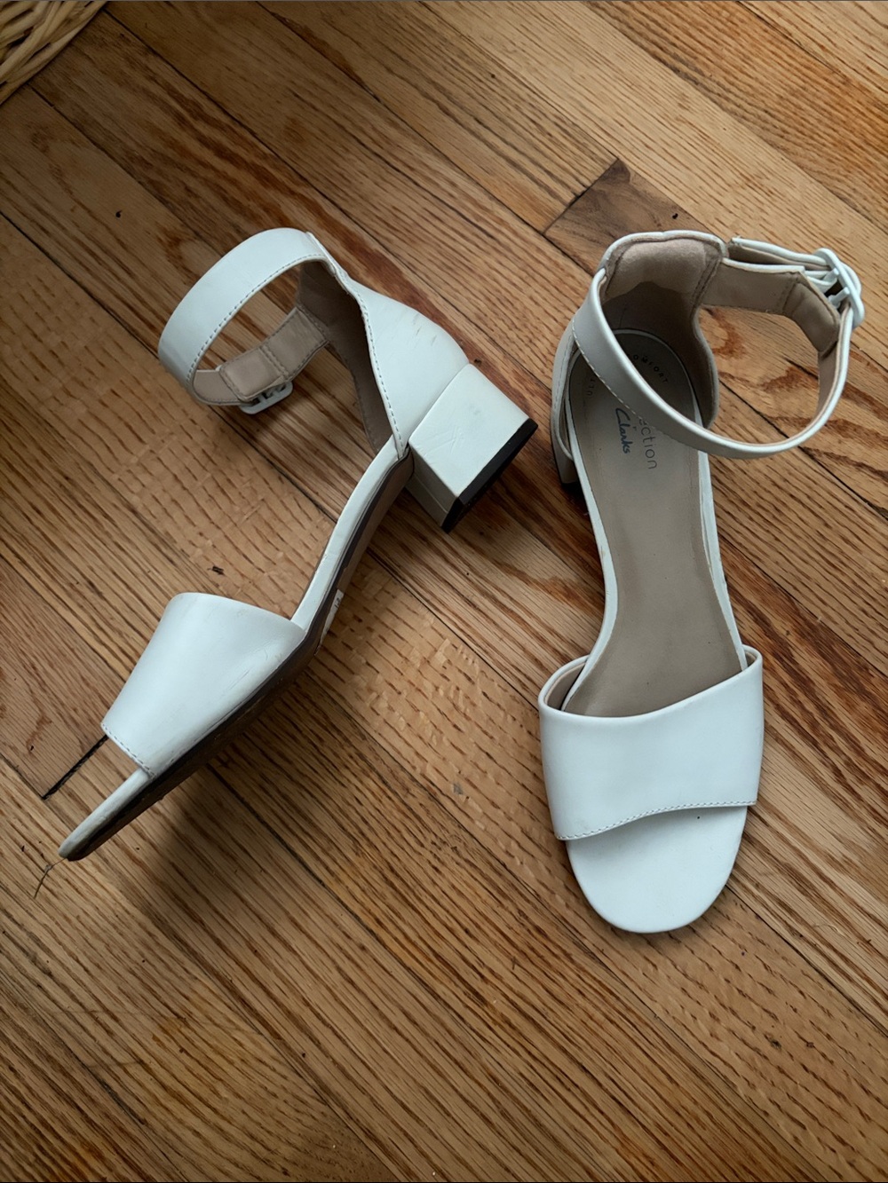 Clark’s White Ankle-Strap Block Heeled Sandals